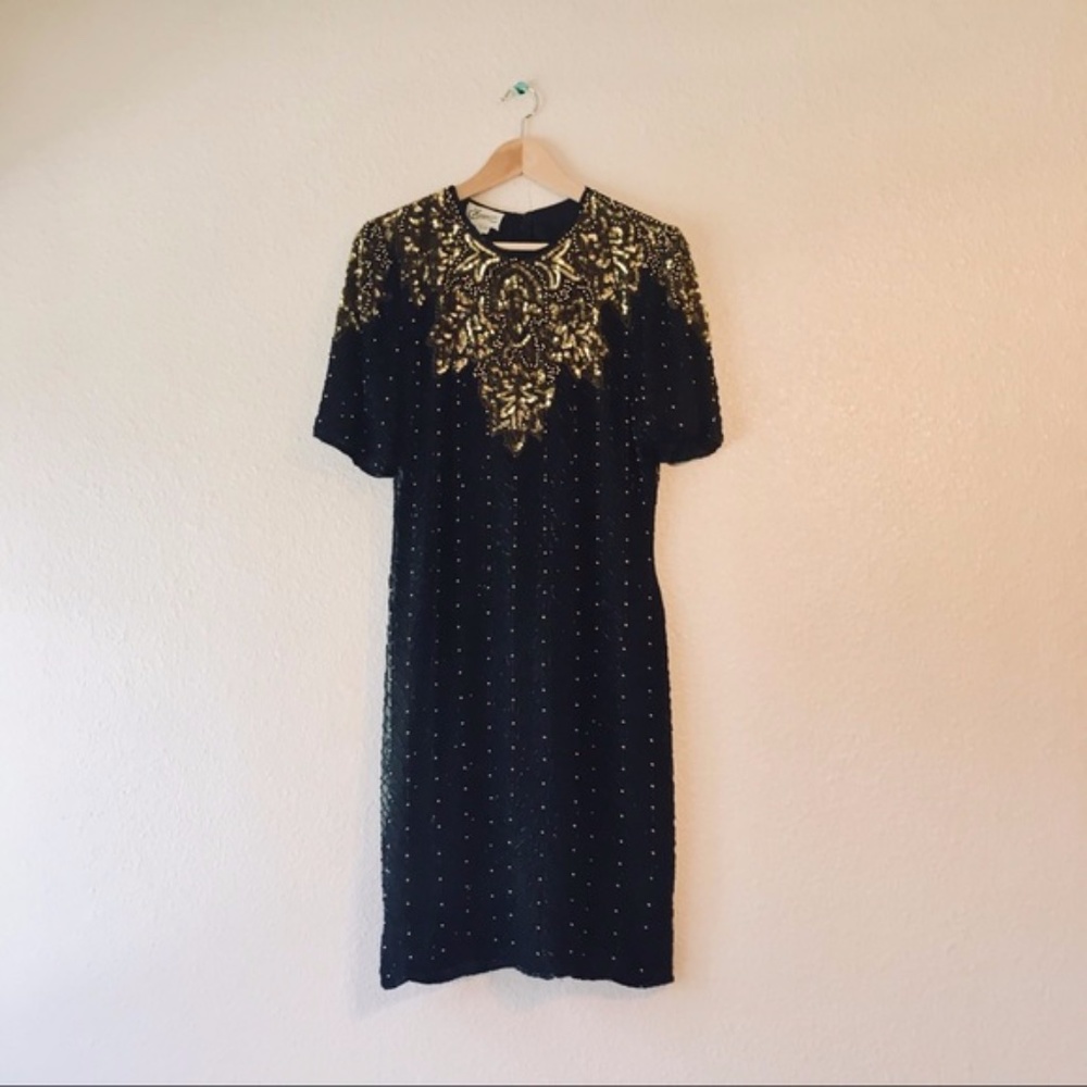 Vintage 1980s black gold silk beaded midi dress size Medium